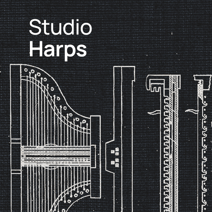Studio Harps text over a blueprint-style bass instrument design on a dark background.