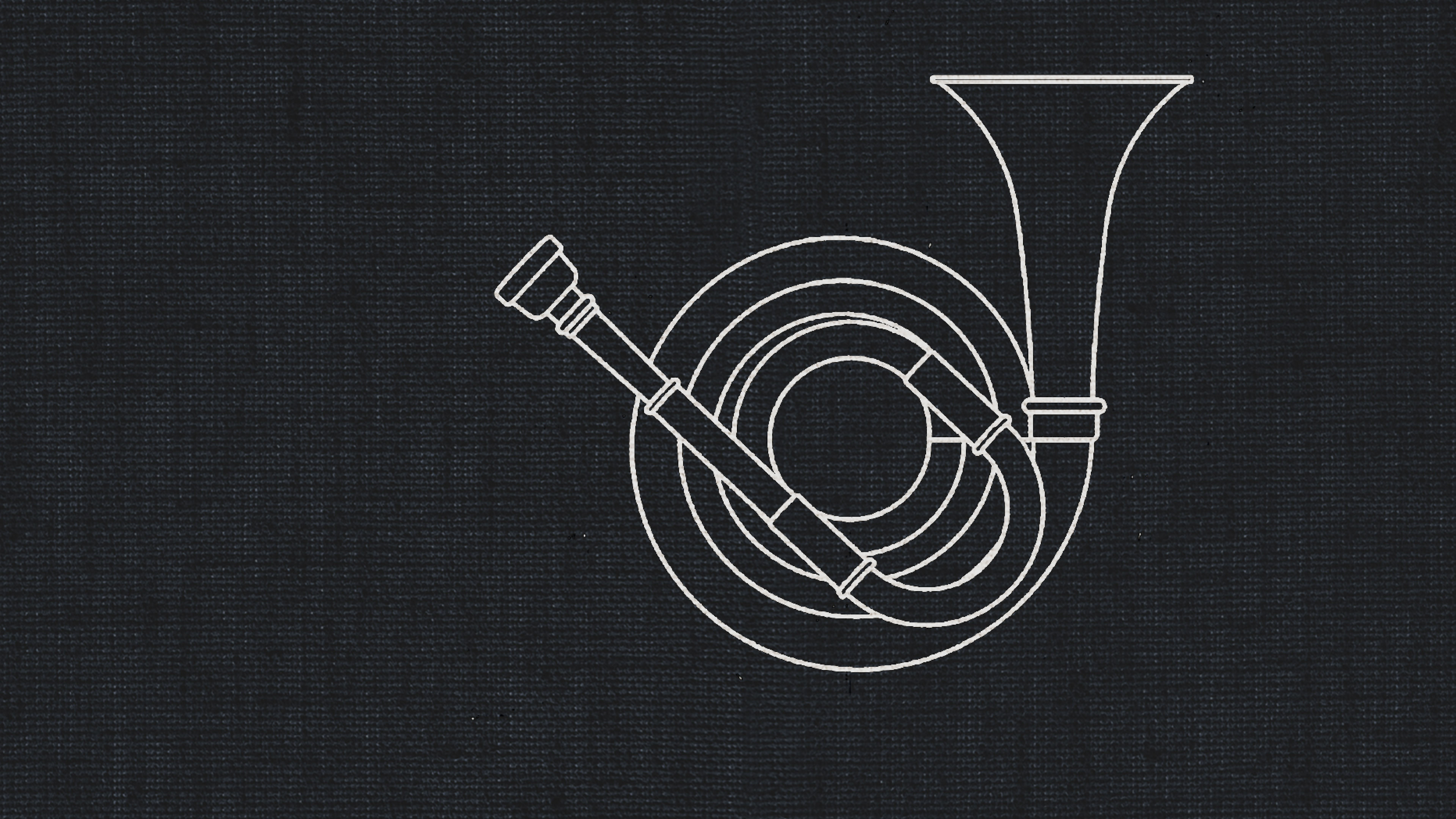 Outline drawing of a natural horn on a dark textured background, representing a dry recording studio for natural horns.
