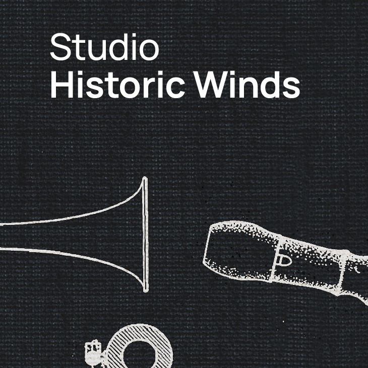 Studio Historic Winds text with outline drawings of wind instruments on a dark textured background.