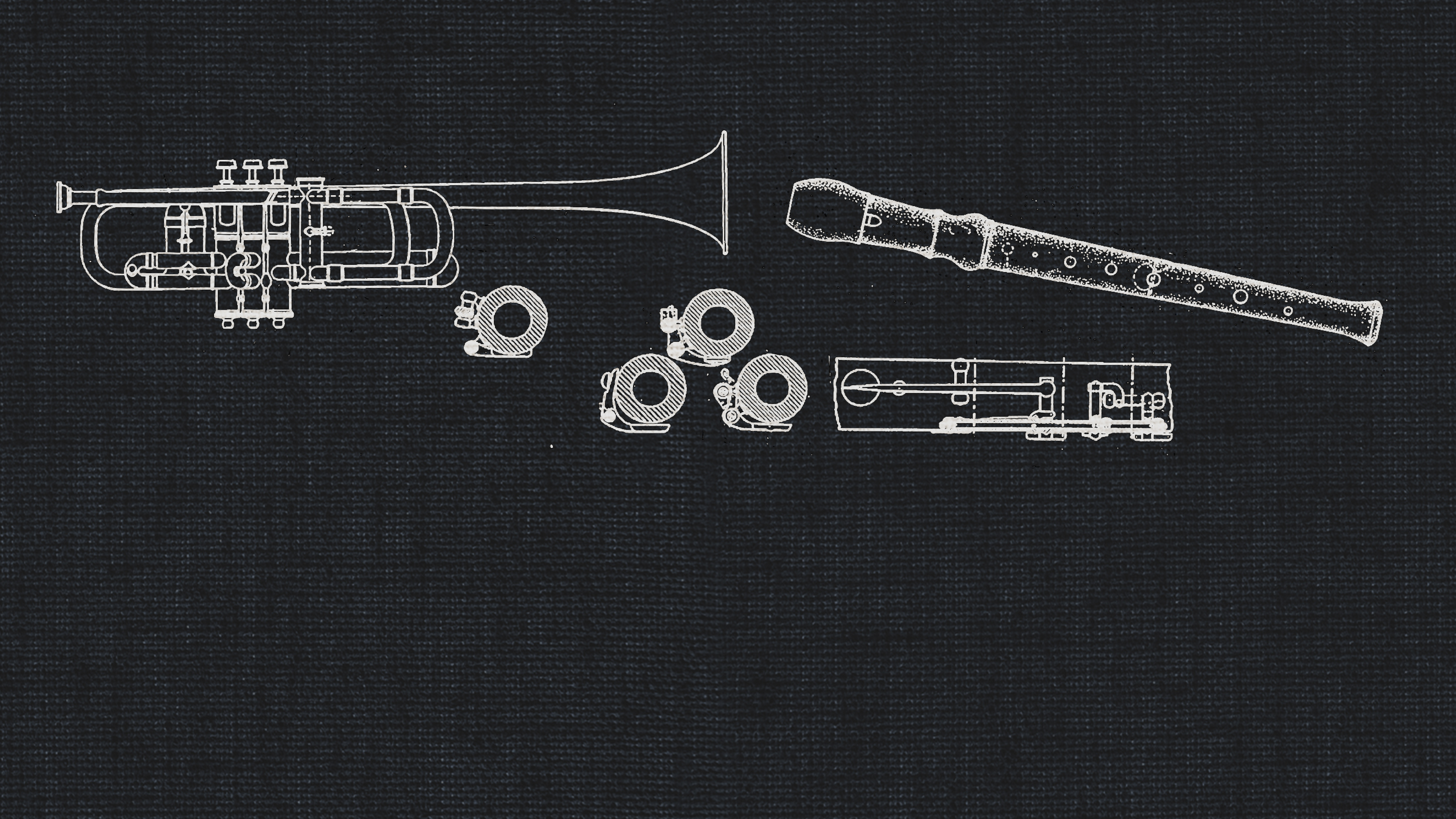 Chalkboard style technical drawings of a historical trumpet, clarinet, and various wind instrument pieces, representing Studio Historic Winds.