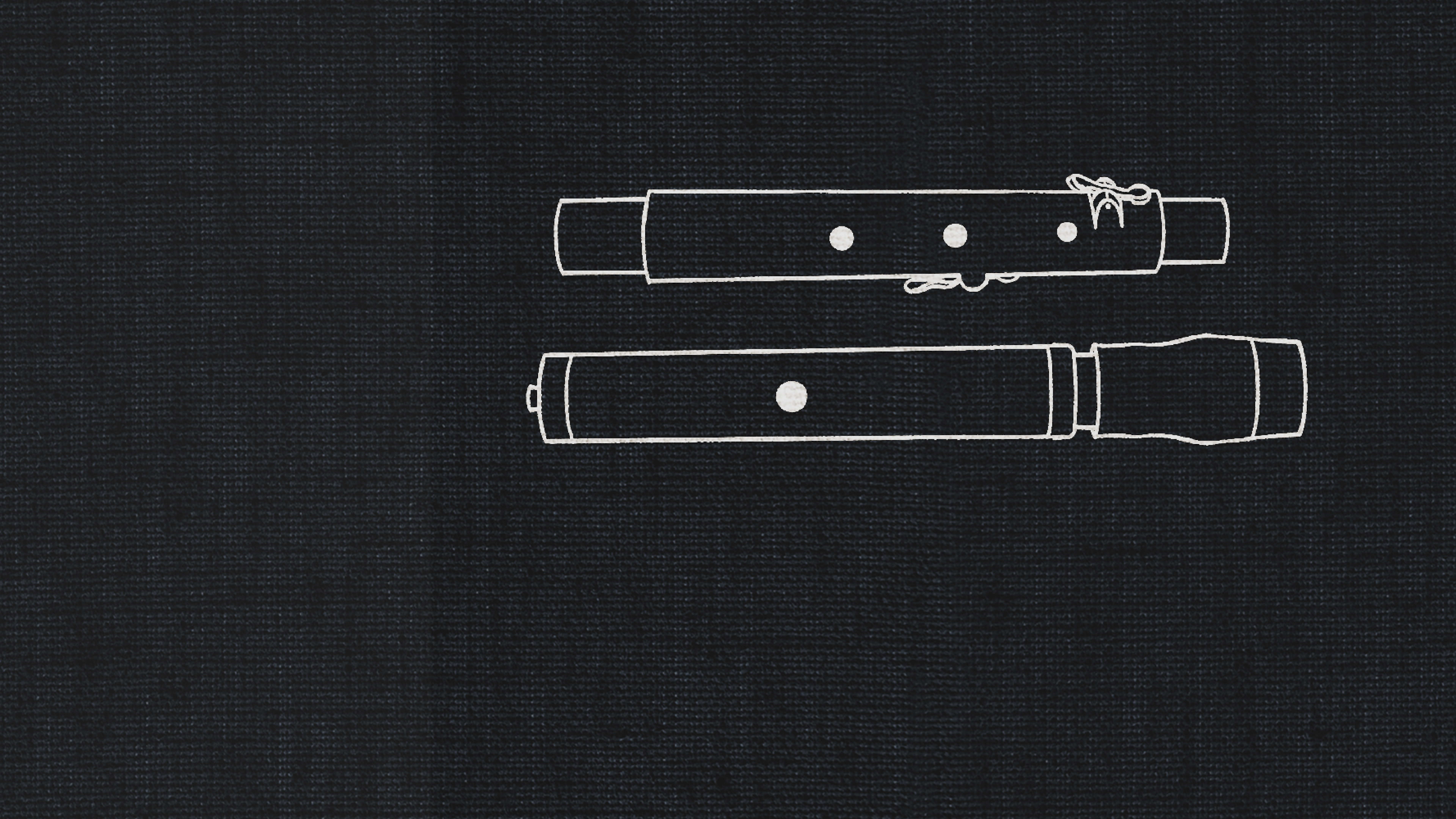 Chalk drawing of two traversa flutes on a black background, representing a dry recording studio sound.