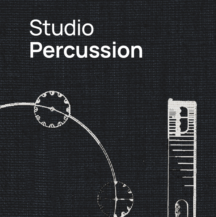 Text and graphic elements on a dark textured background, displaying Studio Percussion in large white font and abstract outlined shapes below, including circles with gear-like edges and a vertical rectangular element.