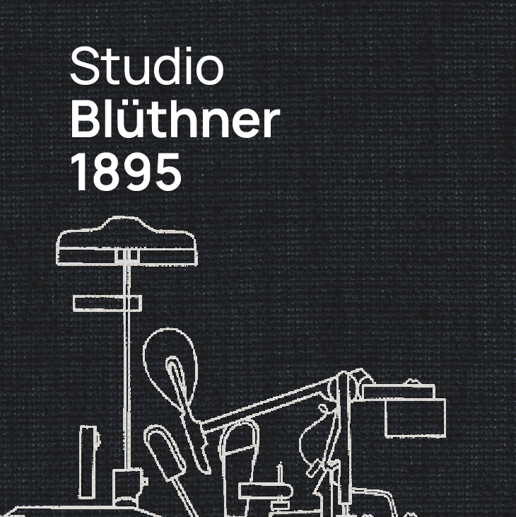 Studio Blüthner 1895 text and line art illustration on dark fabric texture