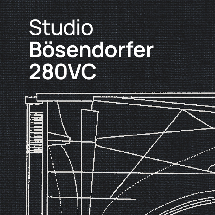 White text Studio Bösendorfer 280VC on a dark textured background, with white line art resembling a piano diagram below.