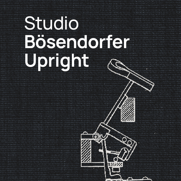 White text Studio Bosendorfer Upright on a dark gray textured background, alongside a white line art drawing of a piano mechanism.