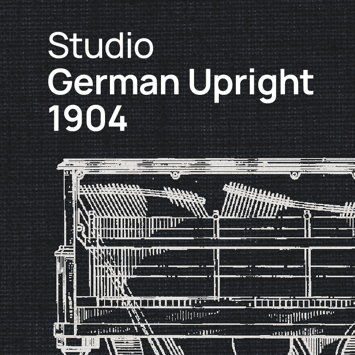 A vintage technical drawing of a Studio German Upright 1904 piano, showcasing its intricate internal mechanism with hammers and strings, set against a dark, textured background.