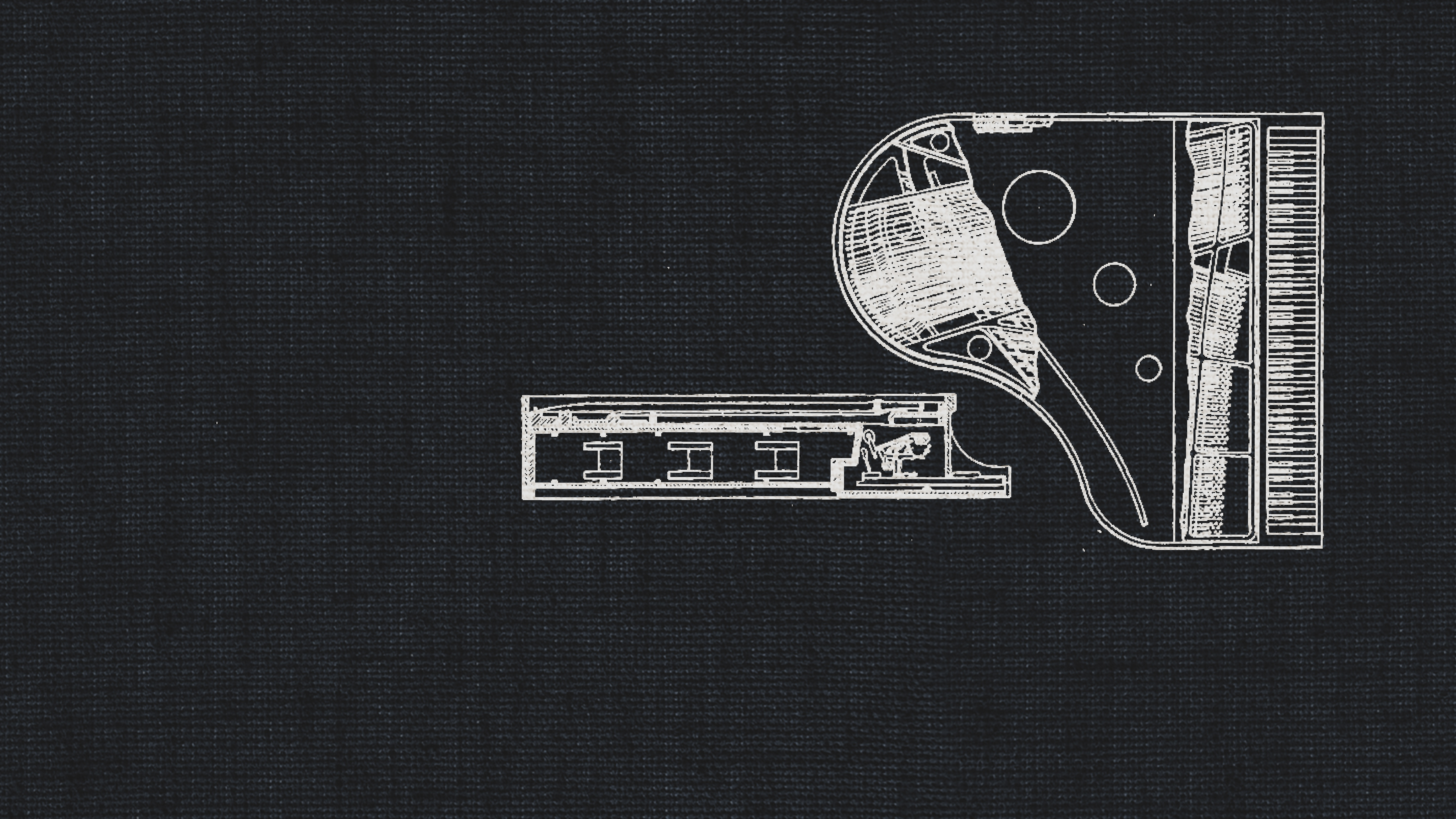 Digital illustration of an acoustic grand piano and upright piano in a blueprint style.