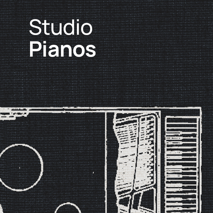 Studio Pianos series title on dark background with technical drawing elements.