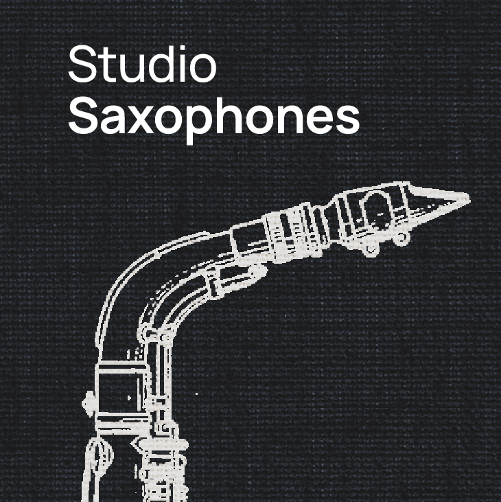 Studio Saxophones text over a black background with a white line drawing of a saxophone mouthpiece and neck.