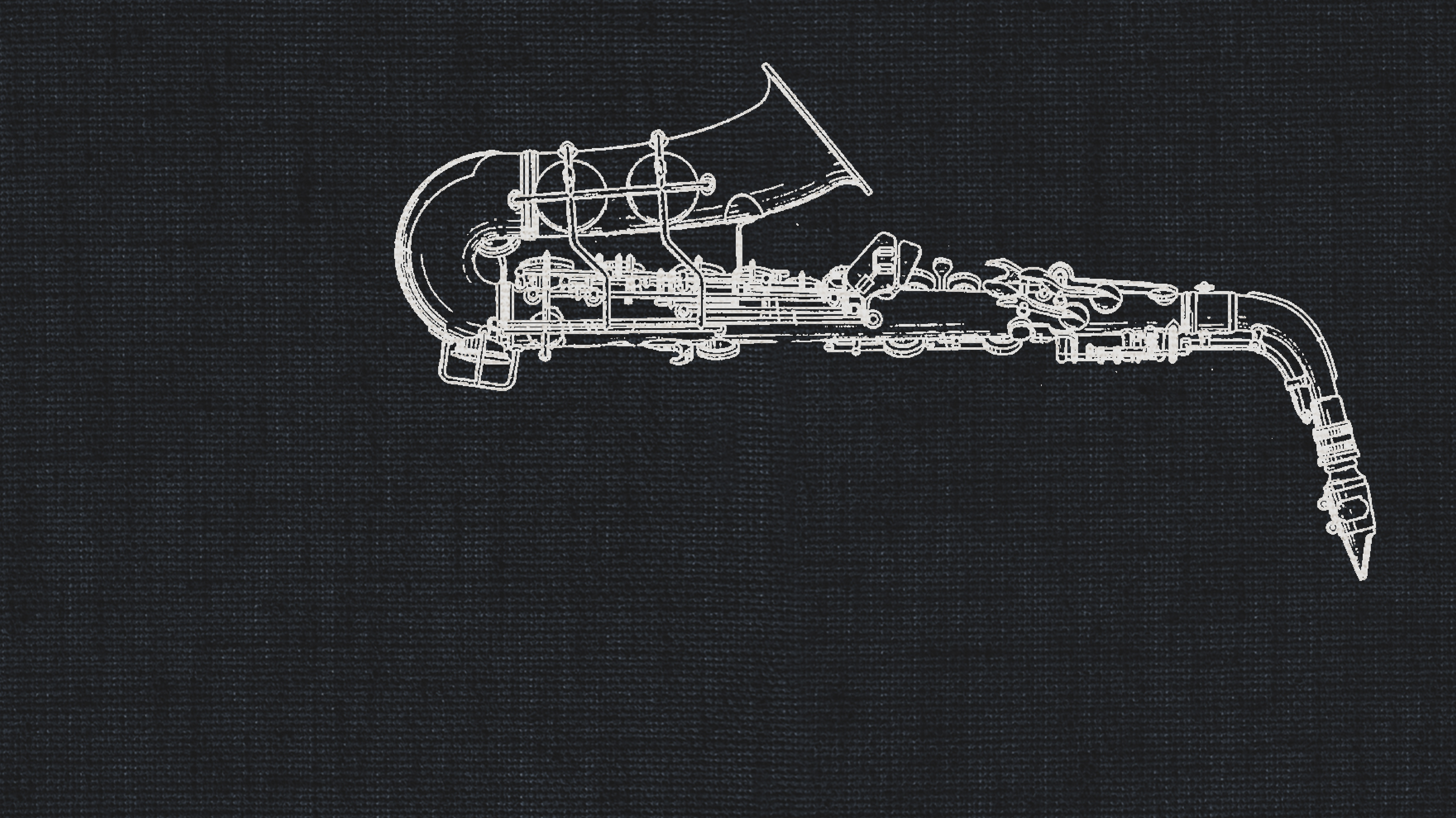 Detailed line drawing of a saxophone in white on a dark charcoal background, representing dry recording studio saxophones.