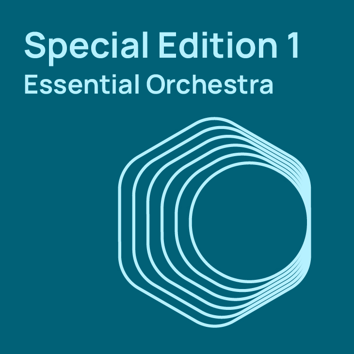 Album cover for Special Edition 1 Essential Orchestra featuring light blue text and a light blue hexagonal abstract design with concentric rings on a dark teal background.