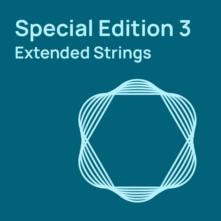 Dark teal background with light blue text Special Edition 3 and Extended Strings above a hexagonal design formed by wavy, concentric lines.