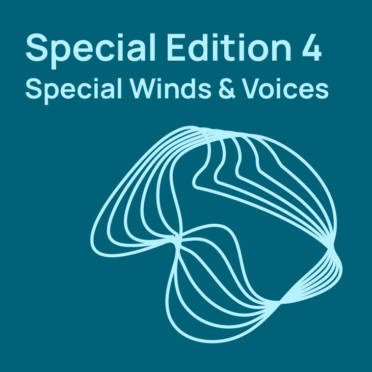 Album cover art for Special Edition 4: Special Winds & Voices, featuring light blue abstract wavy lines on a dark teal background.