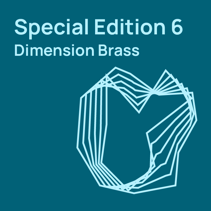 Special Edition 6 Dimension Brass album cover with a light blue abstract geometric pattern resembling an open heart shape on a teal background.