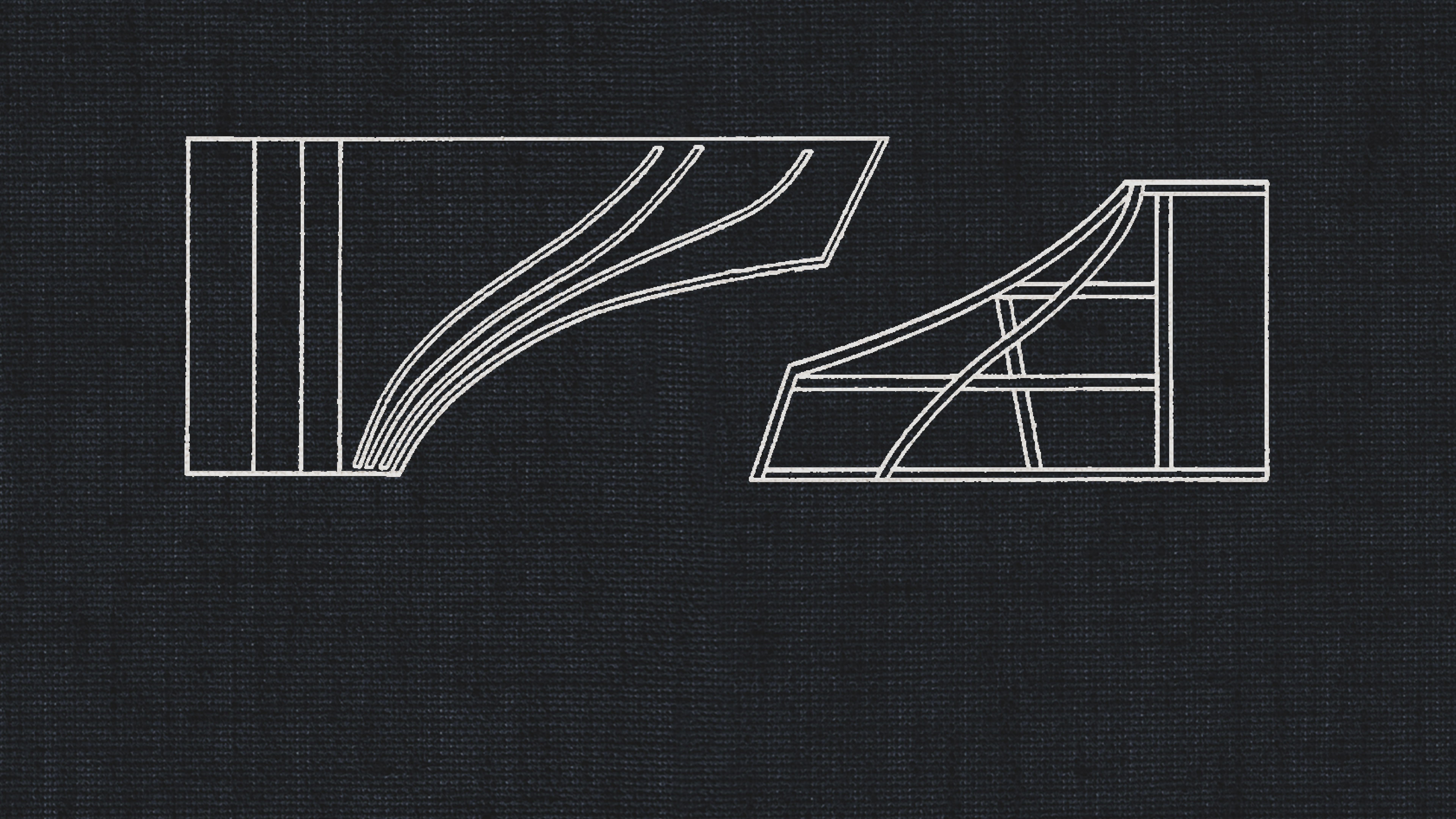 A minimalist wireframe drawing on a dark background showing two different views of studio equipment, possibly acoustic panels or keyboard stands.
