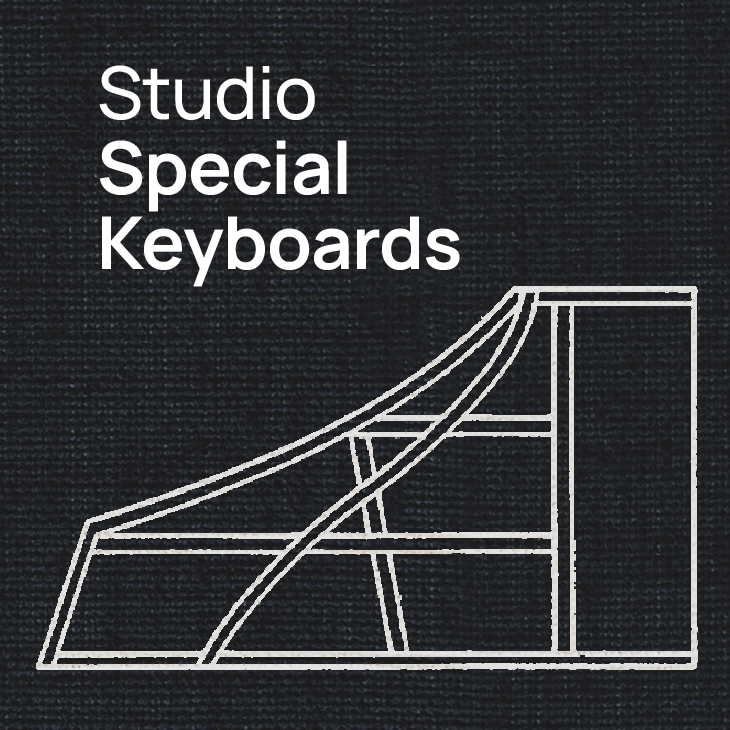 Studio Special Keyboards logo featuring white text and abstract musical instrument outline on a black textured background.