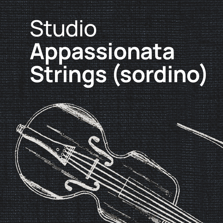 Studio Appassionata Strings (sordino) text with a black background and white sketched outline of a string instrument and bow.