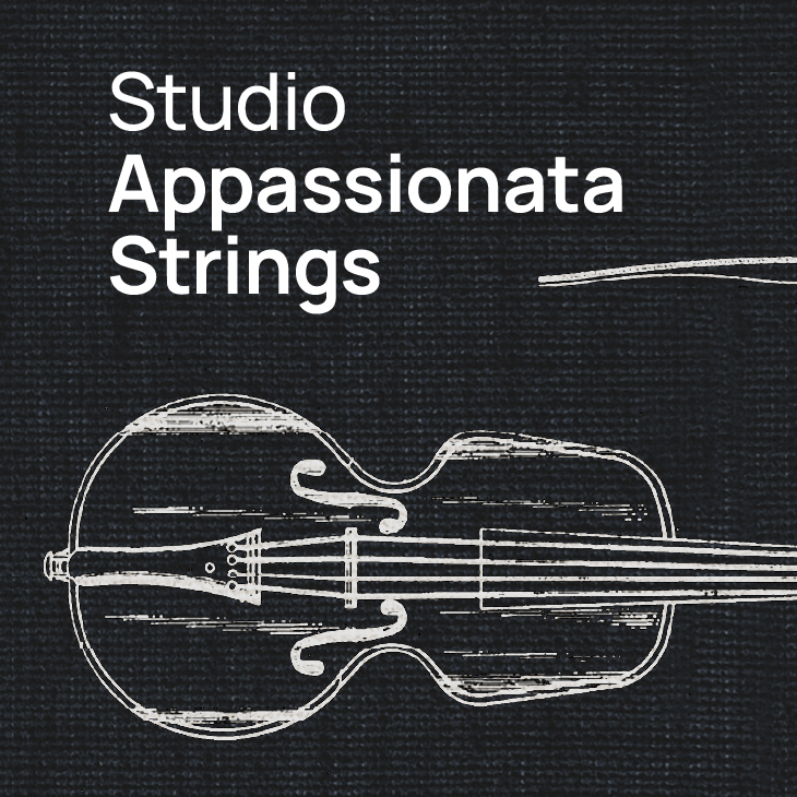 Text Studio Appassionata Strings with a white outline drawing of a bass or cello on a dark textured background.