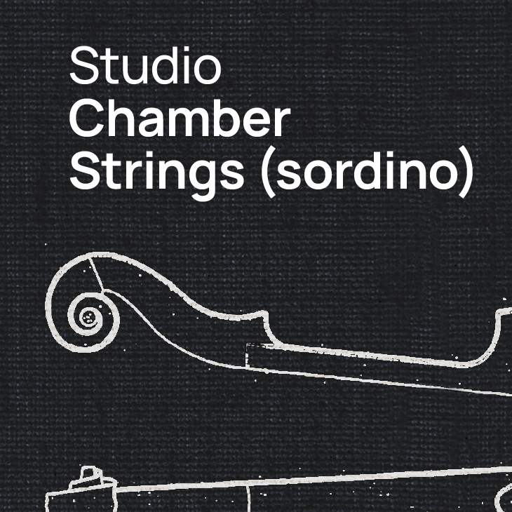 Text on a dark background reads Studio Chamber Strings (sordino) with a white outline drawing of a stringed instrument's scroll and neck below.