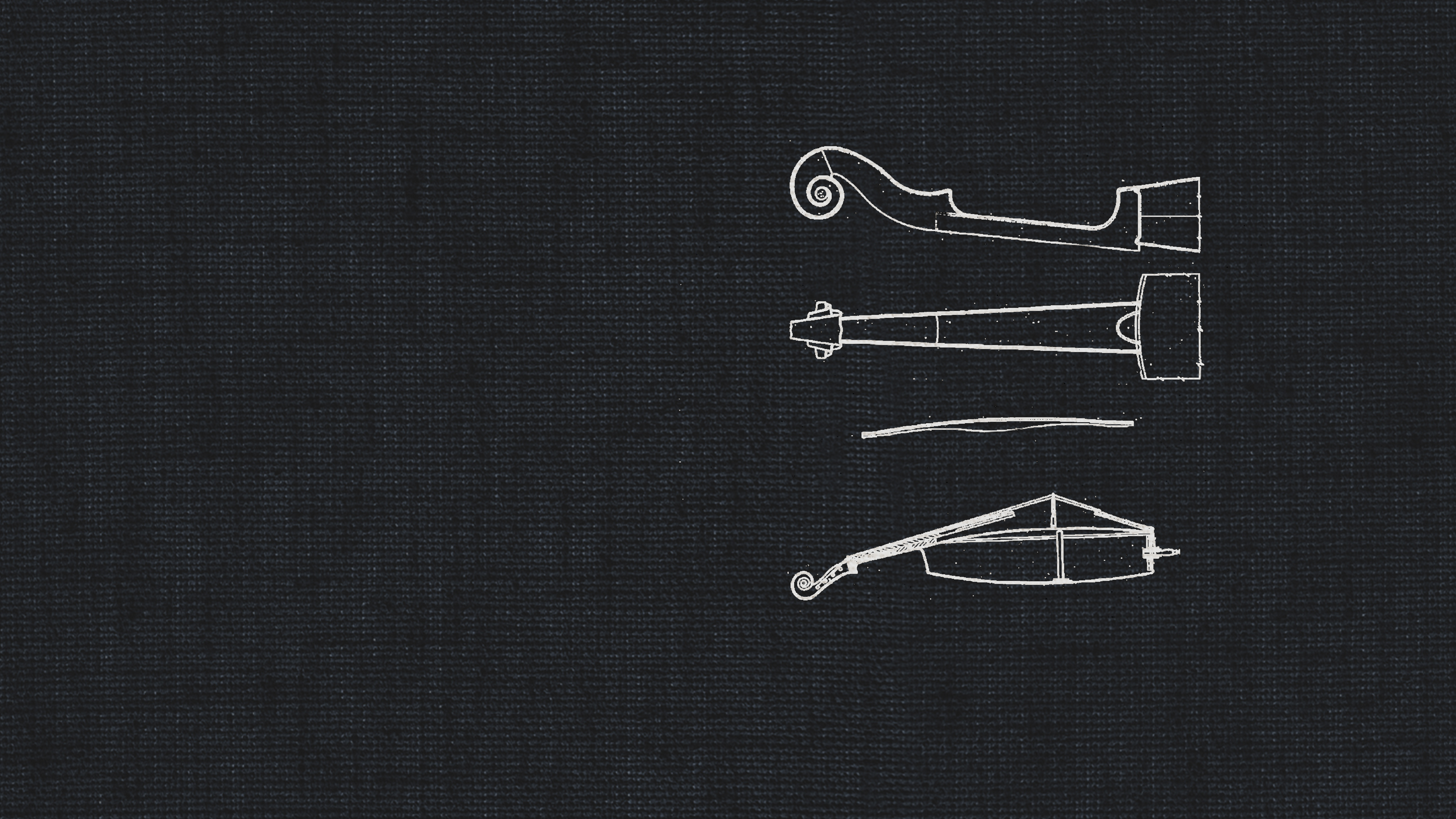 Chalk diagram on black background depicting three string instrument components for a dry recording studio, including a scrolled headstock, a mutes or sordino, and a violin or viola bridge.