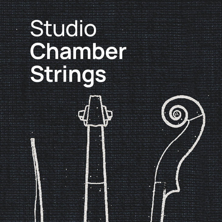 Studio Chamber Strings logo with stylized white outlines of a violin bow, neck, and scroll on a dark fabric texture background