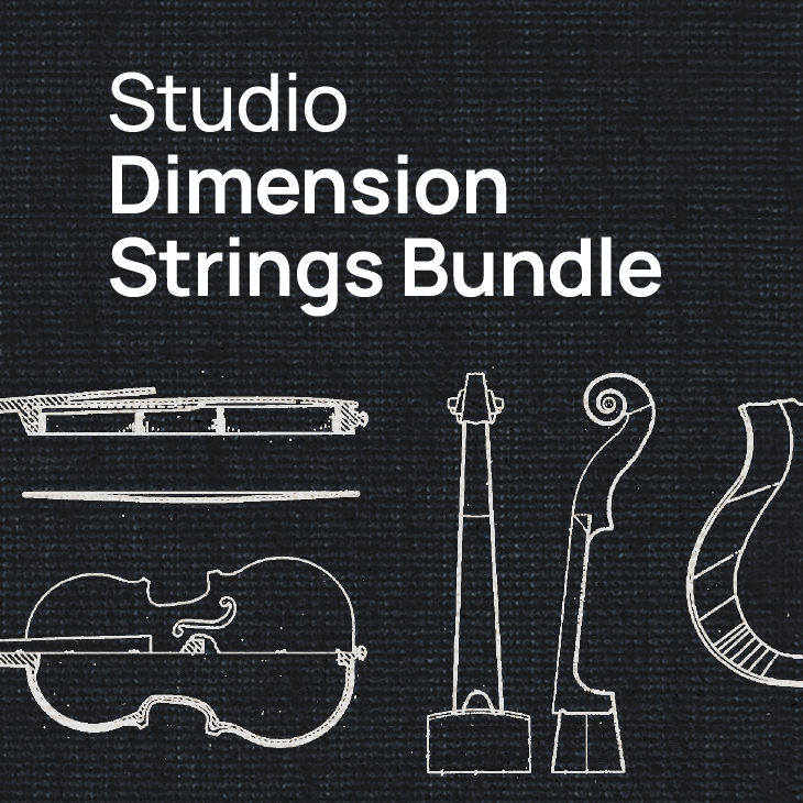 Studio Dimension Strings Bundle logo featuring white violin blueprint diagrams on a dark gray textured background, ideal for music software or string library.