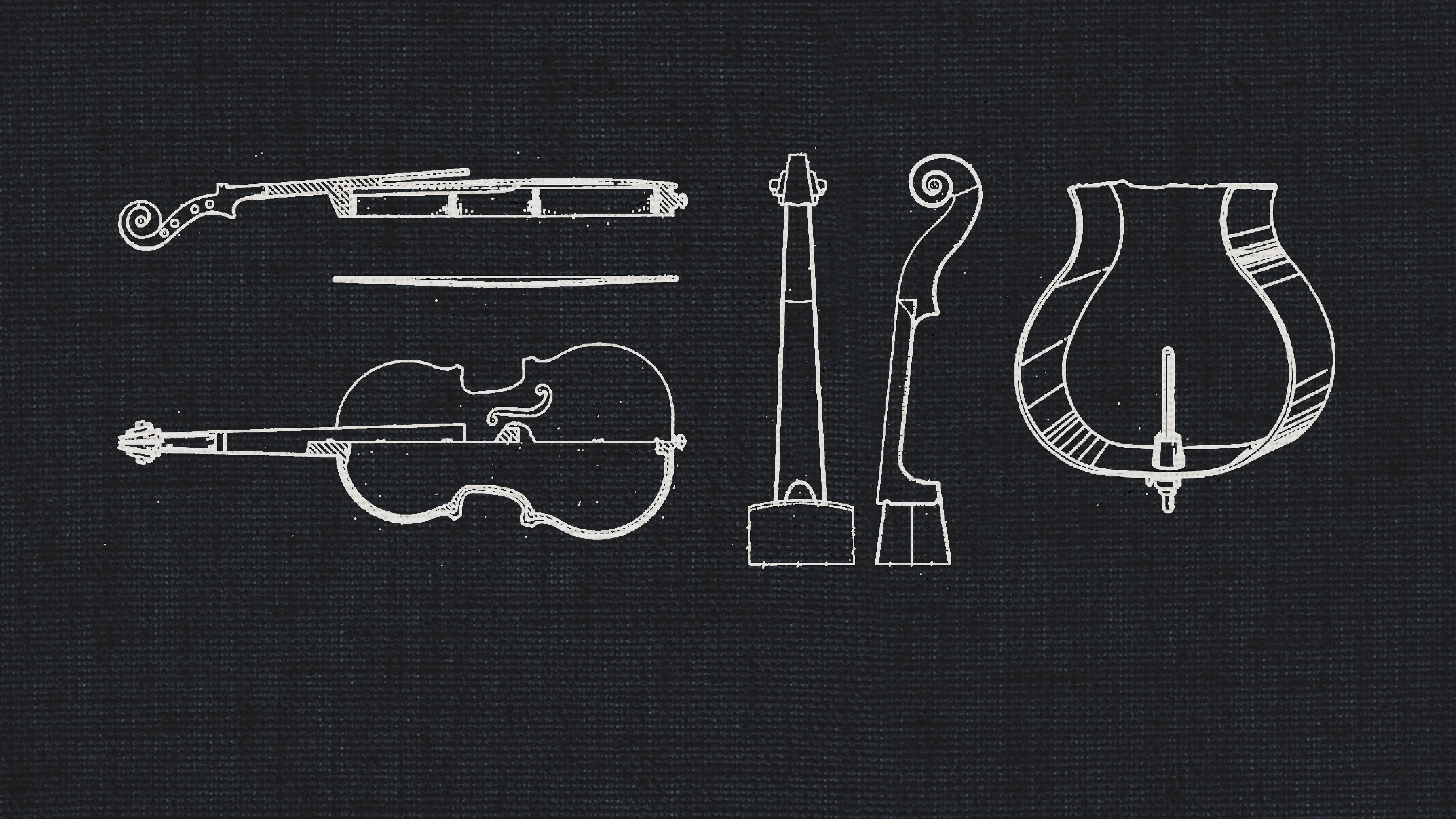 Blueprints of disassembled violin parts, including the scroll, bow, body, and neck, on a dark textured background.