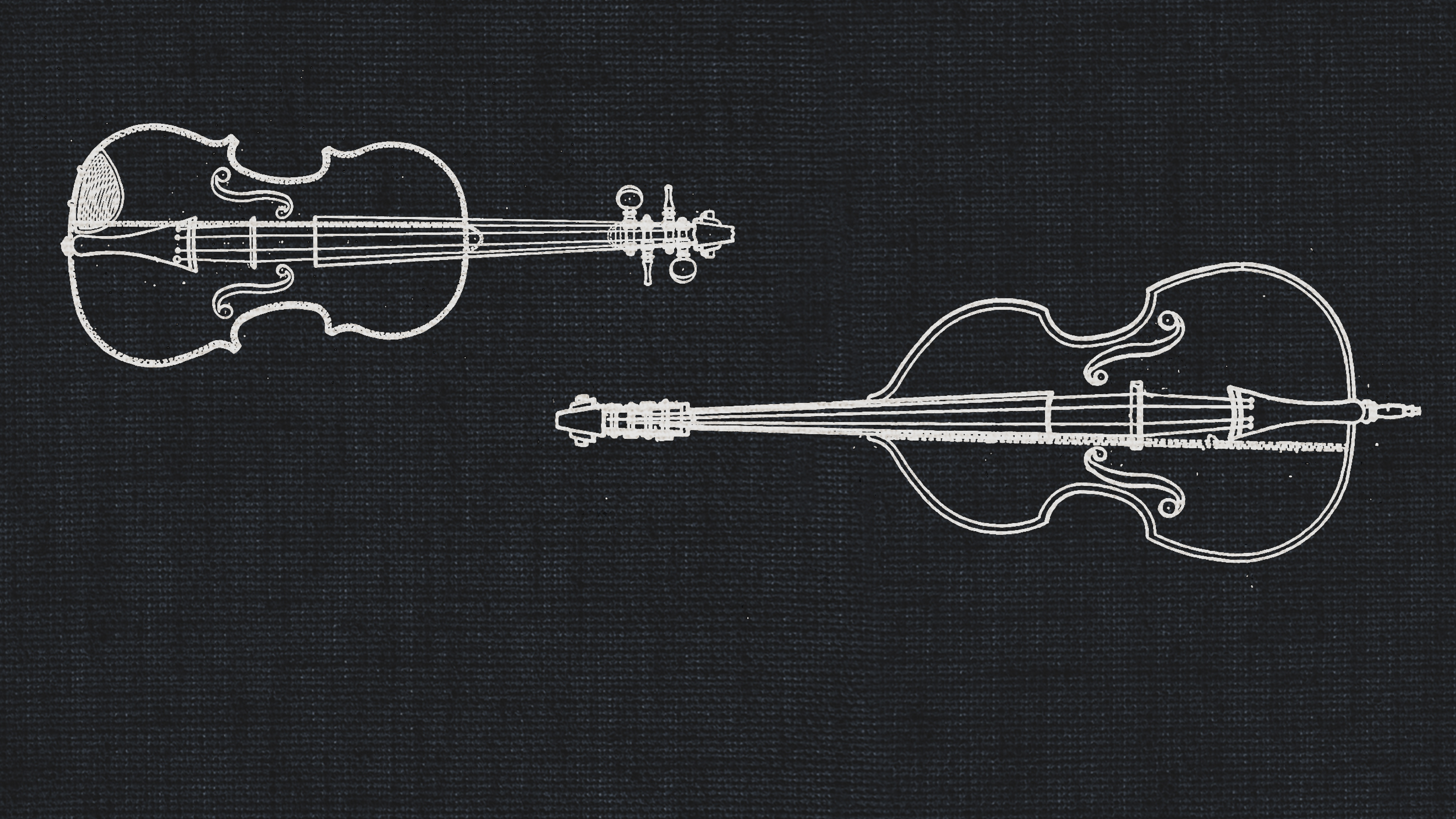 Line art illustration of a violin and a cello or double bass against a dark, textured background representing solo string instruments for dry recording studio sound libraries.