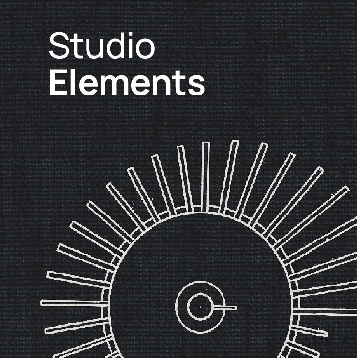 Studio Elements text with abstract circular design resembling a speaker or dial on a black textured background