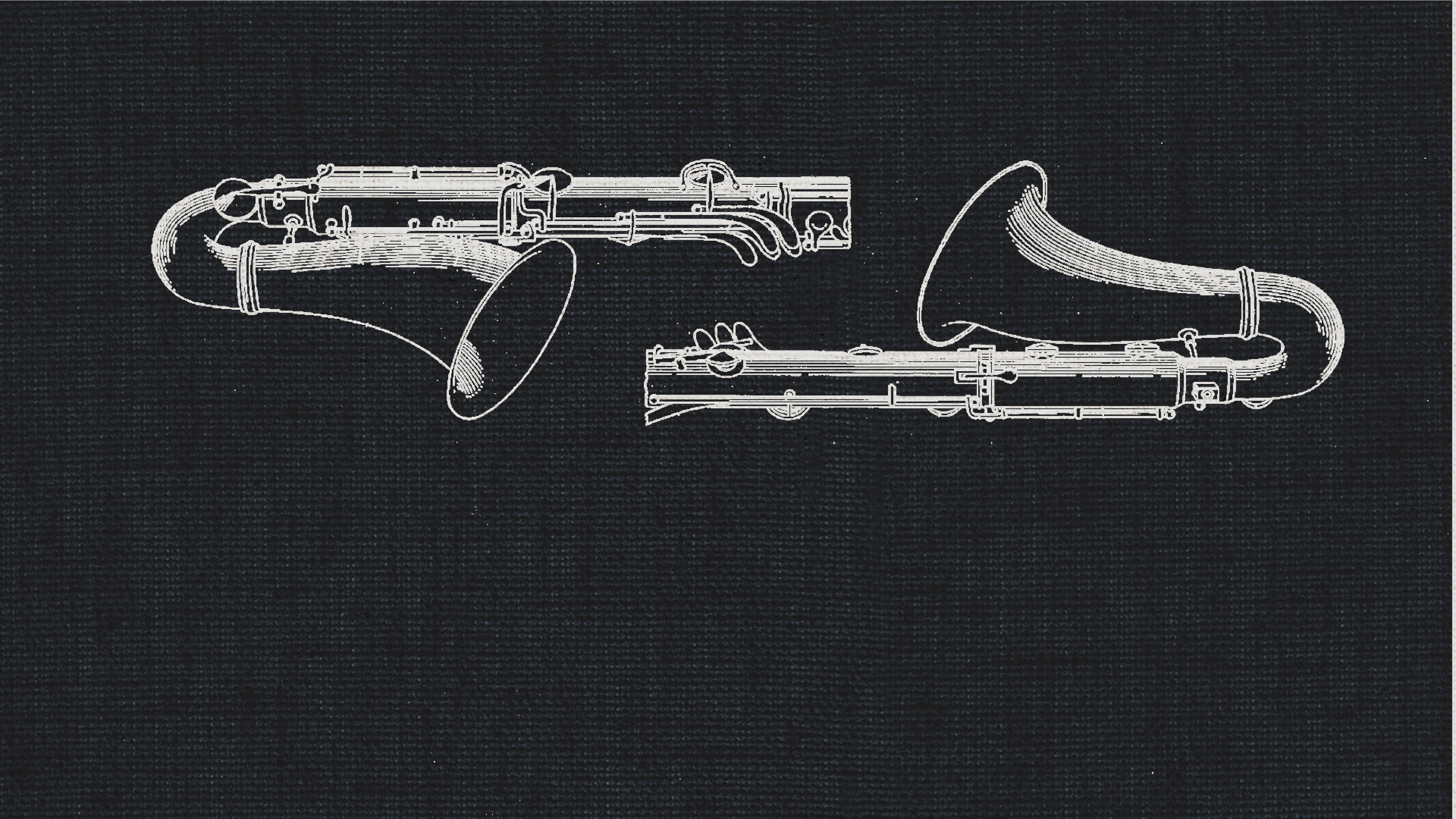 Diagram of two basset horns, showing their intricate keywork and curved bells against a dark background, illustrating a dry recording studio instrument.