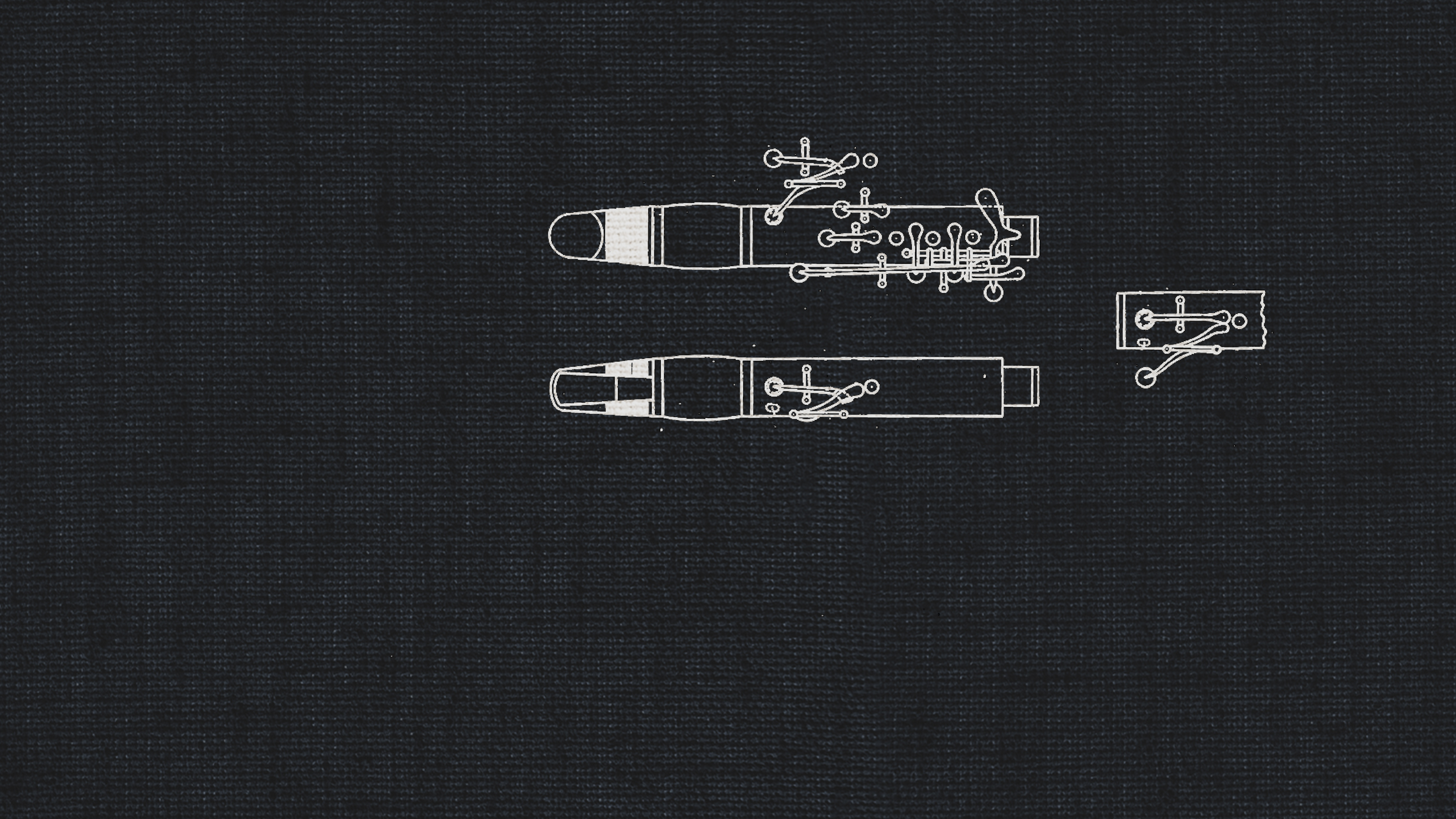 Technical drawing blueprint of an Eb clarinet on a dark gray background