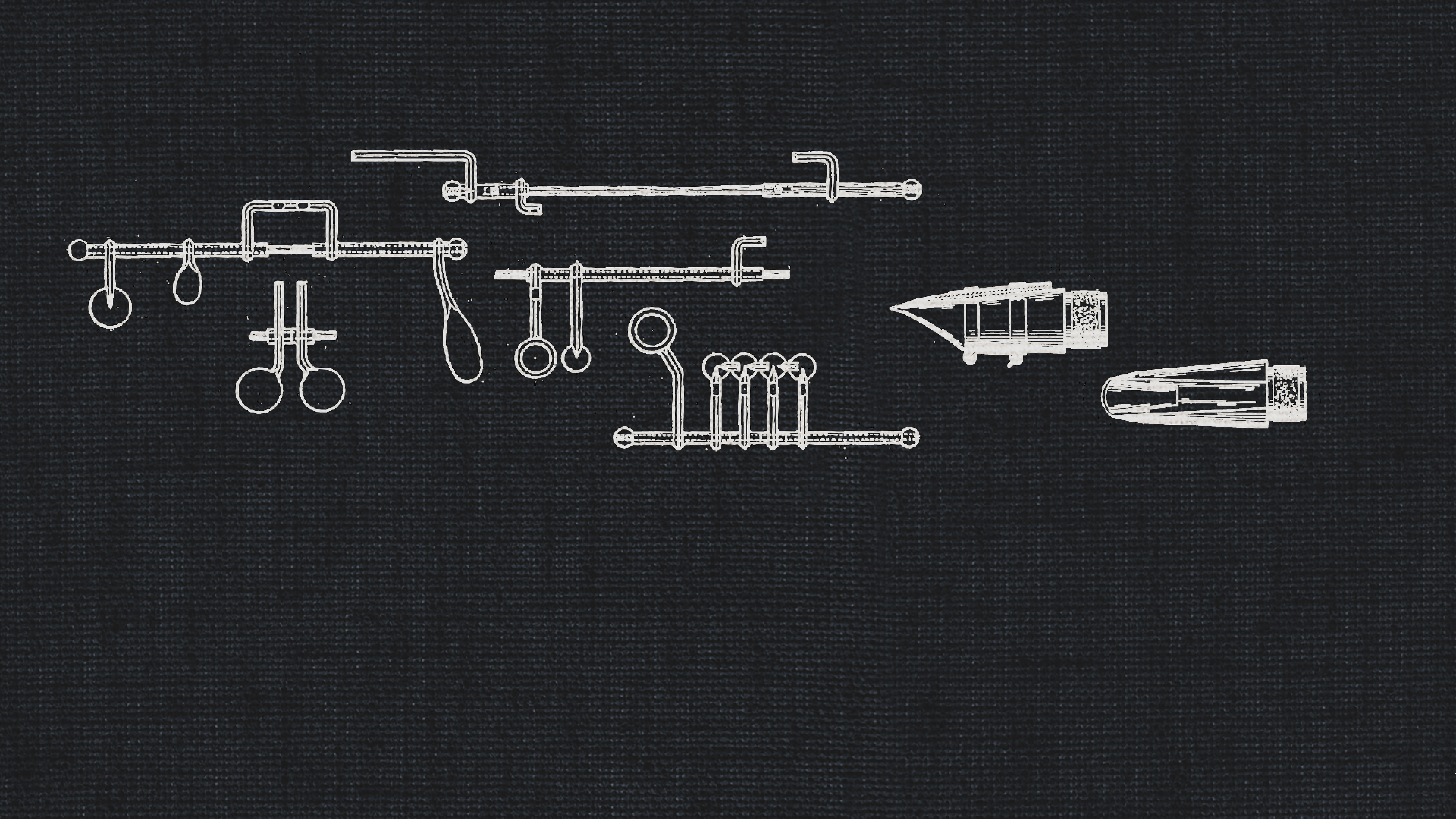 Outline drawing of various contrabass clarinet instrument parts, including keys and the mouthpiece, on a dark textured background, ideal for a dry recording studio setting.