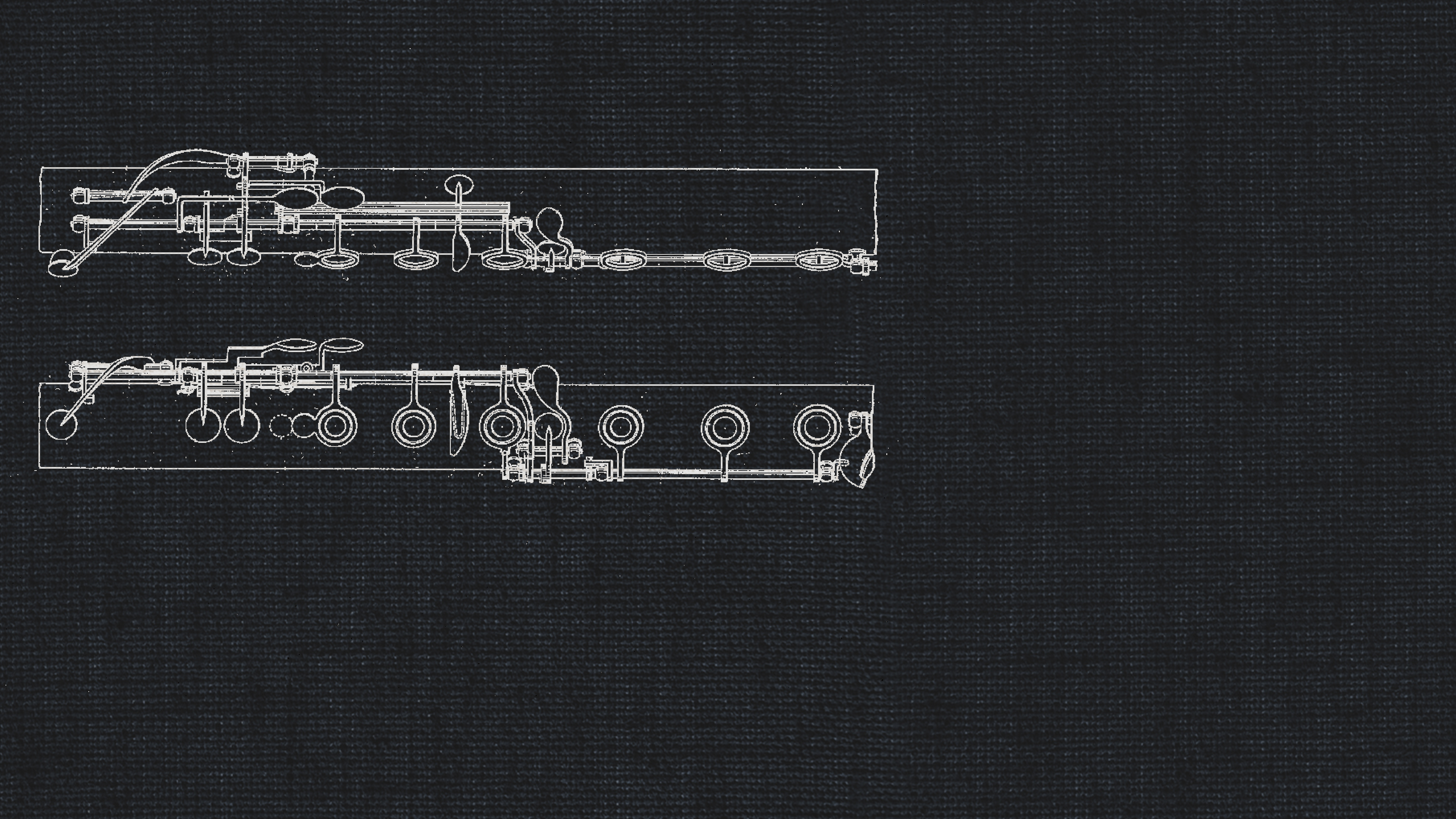 Detailed technical drawing of a Heckelphone woodwind instrument, illustrating its complex keywork and mechanisms on a dark background, ideal for dry recording studio contexts.