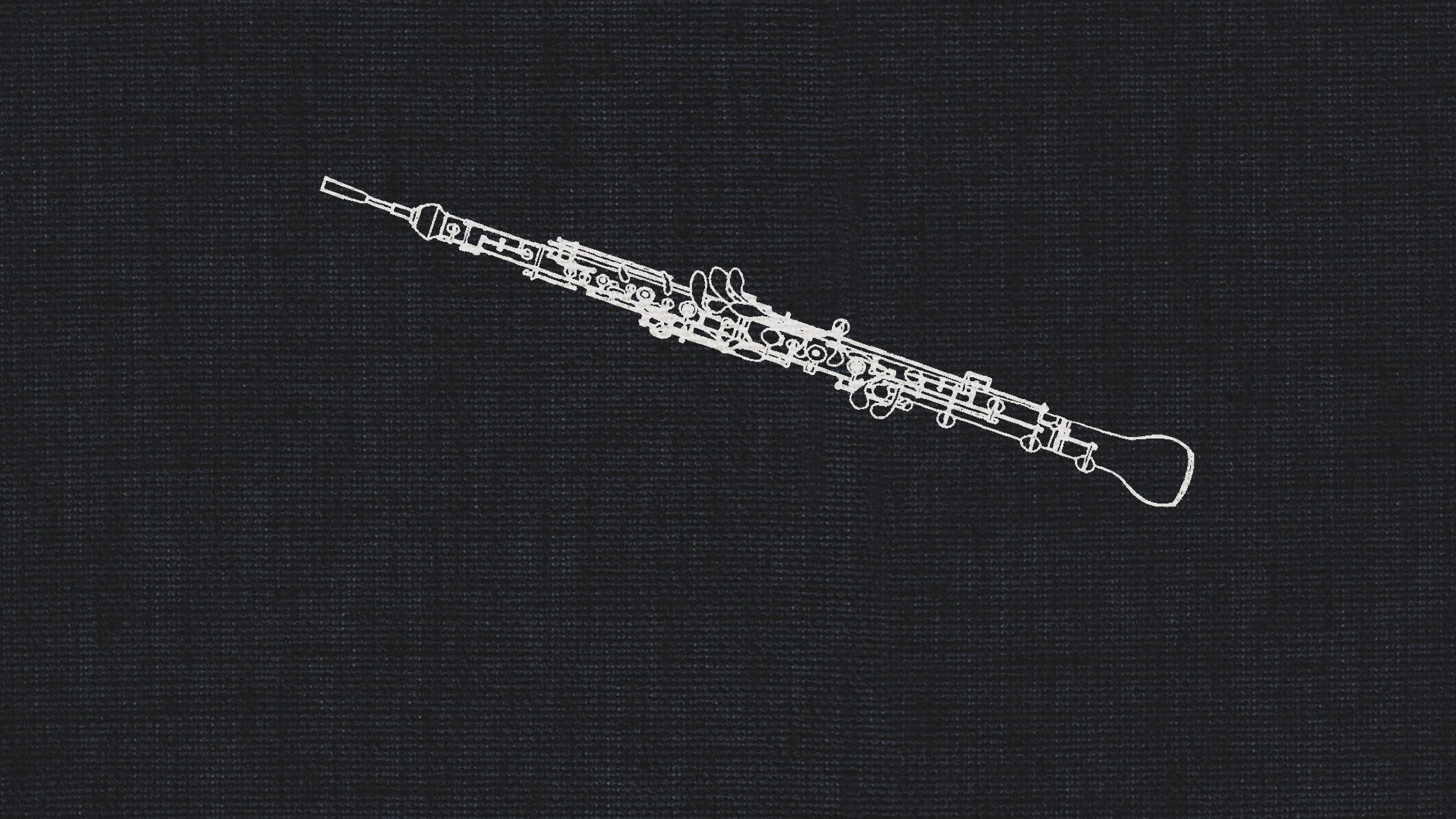 White outline drawing of an oboe d'amore musical instrument on a dark gray textured background, perfect for a dry recording studio setting.