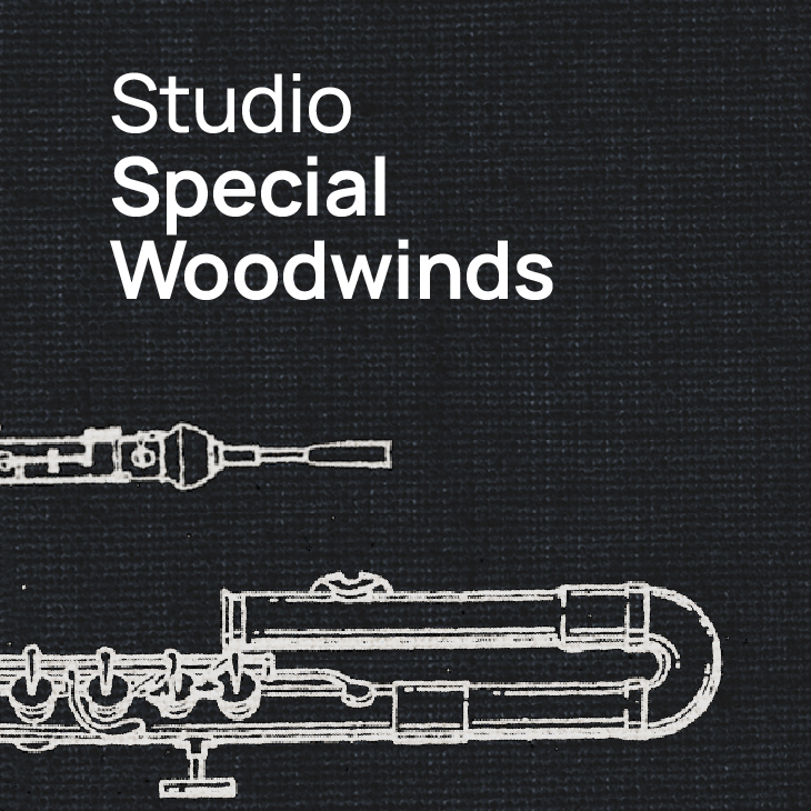 Studio Special Woodwinds album cover featuring white text and outlined woodwind instruments on a dark gray textured background.