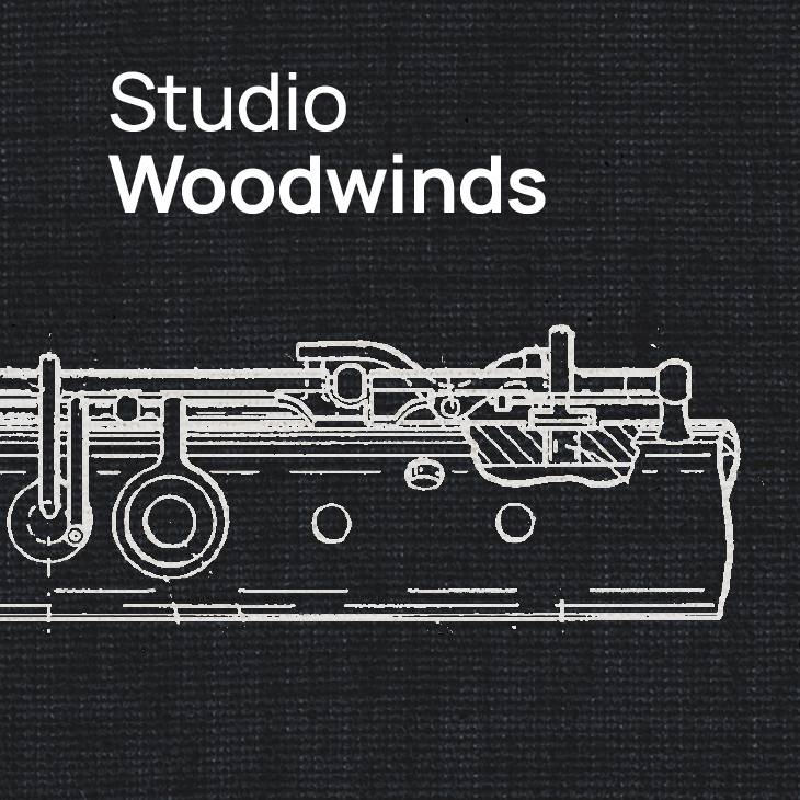 Studio Woodwinds text with white outlined flute illustration on dark background