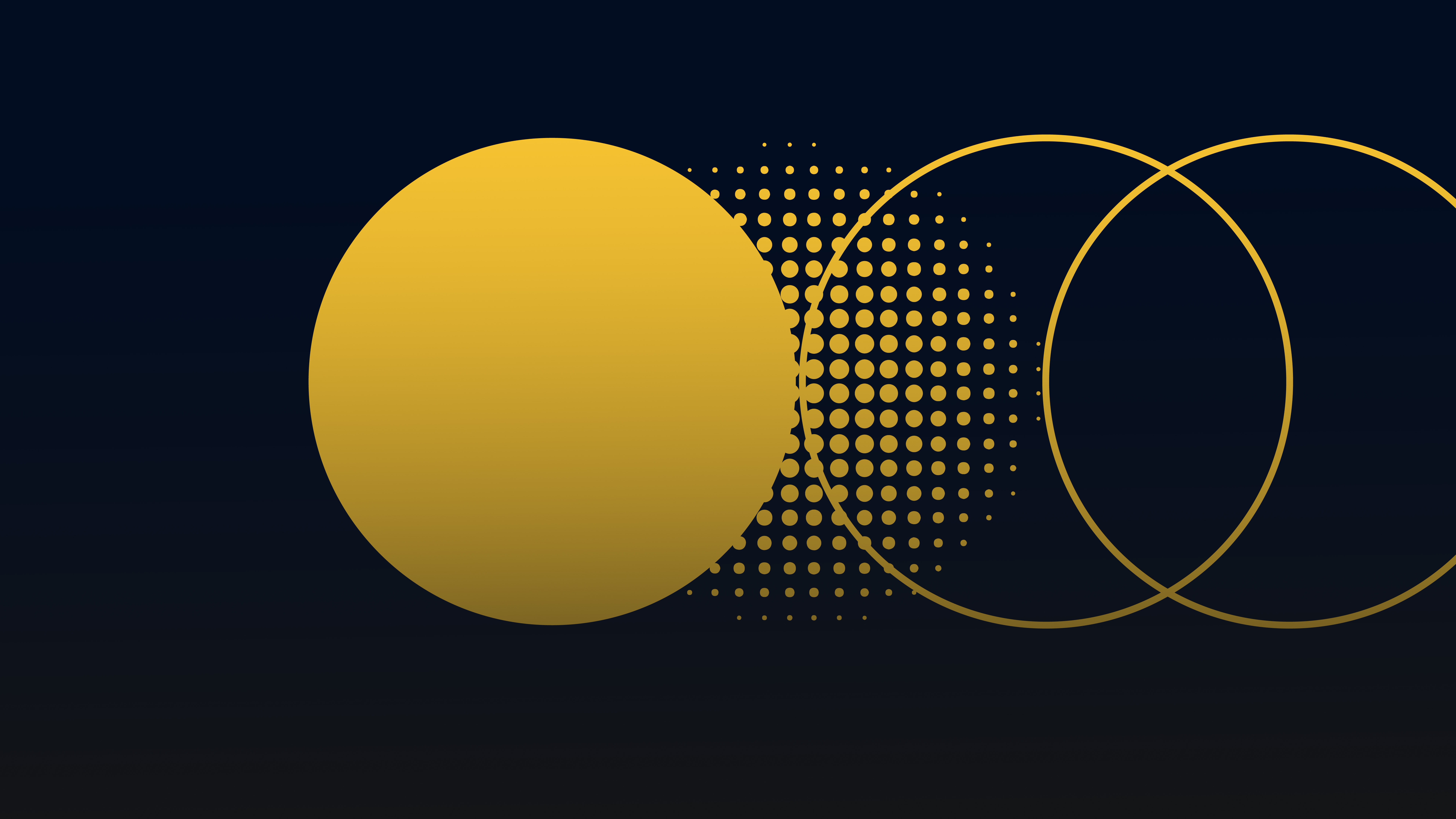 Abstract dark blue background with golden circles, halftone dots, and geometric shapes, representing ambient recording and brass instruments.