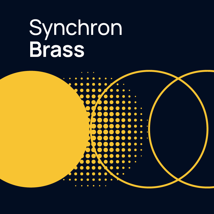 Synchron Brass logo featuring a dark blue background with abstract yellow circles and dot patterns.