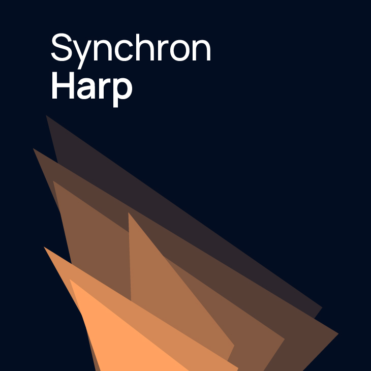 Synchron Harp logo with abstract orange and brown triangular shapes on a dark navy background.