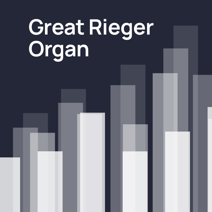Great Rieger Organ text over abstract gray and white organ pipes or sound waves