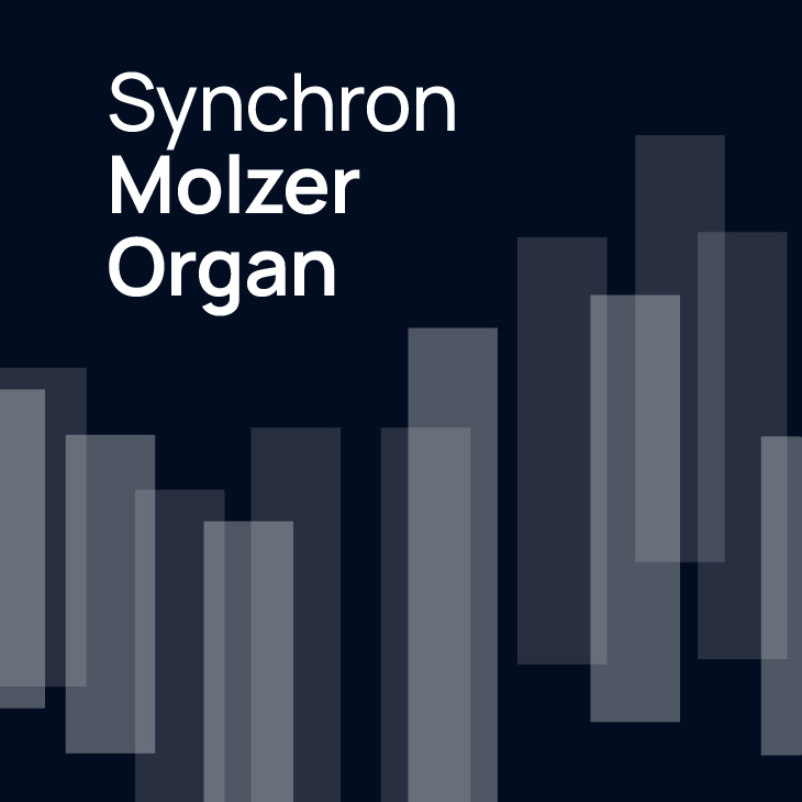 Album art for Synchron Molzer Organ with white text on a dark blue background and gray transparent vertical bars.