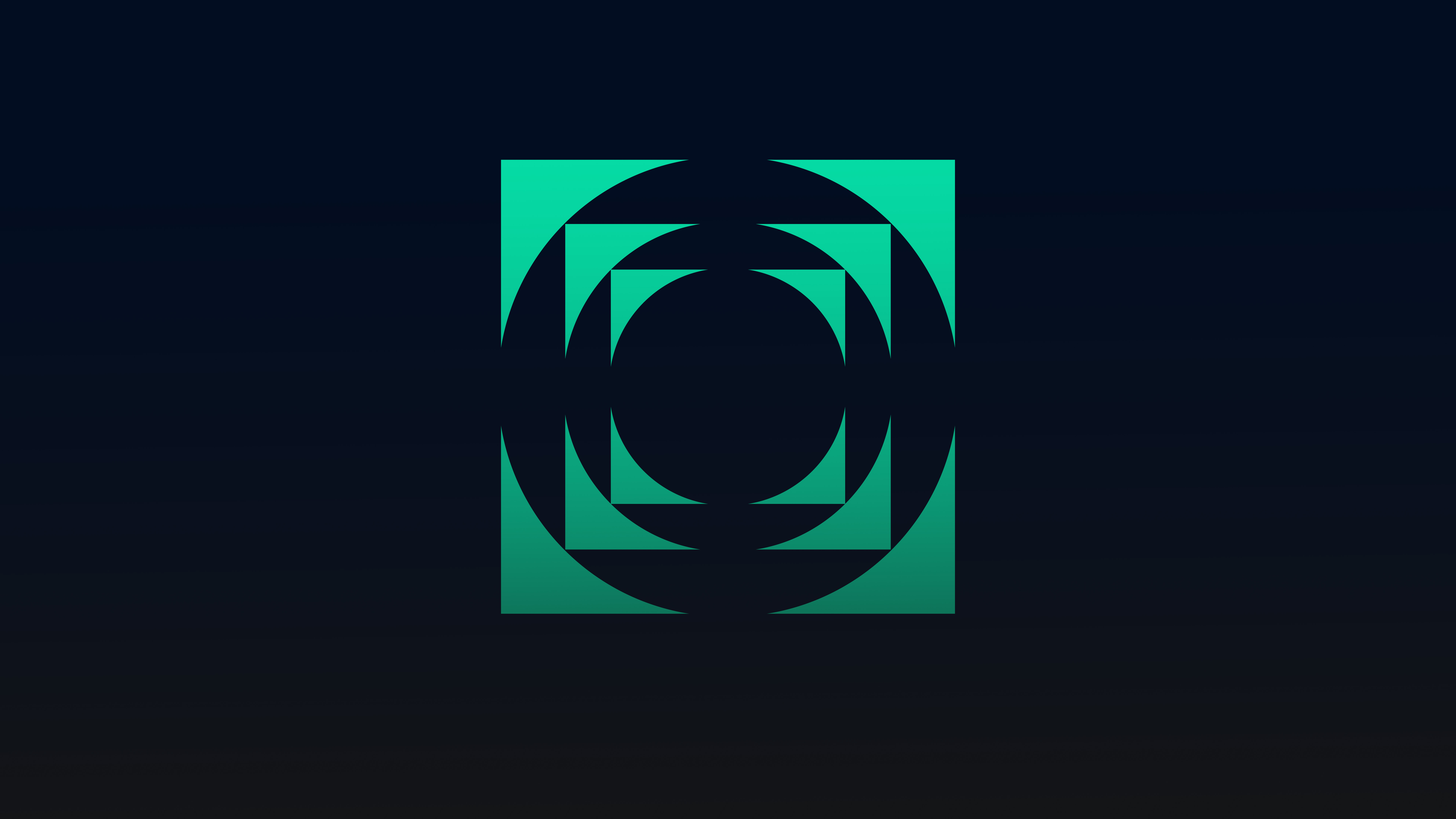 Abstract teal green geometric design with squares, circles, and triangles on a dark background, representing ambient recording for Synchron Percussion I.