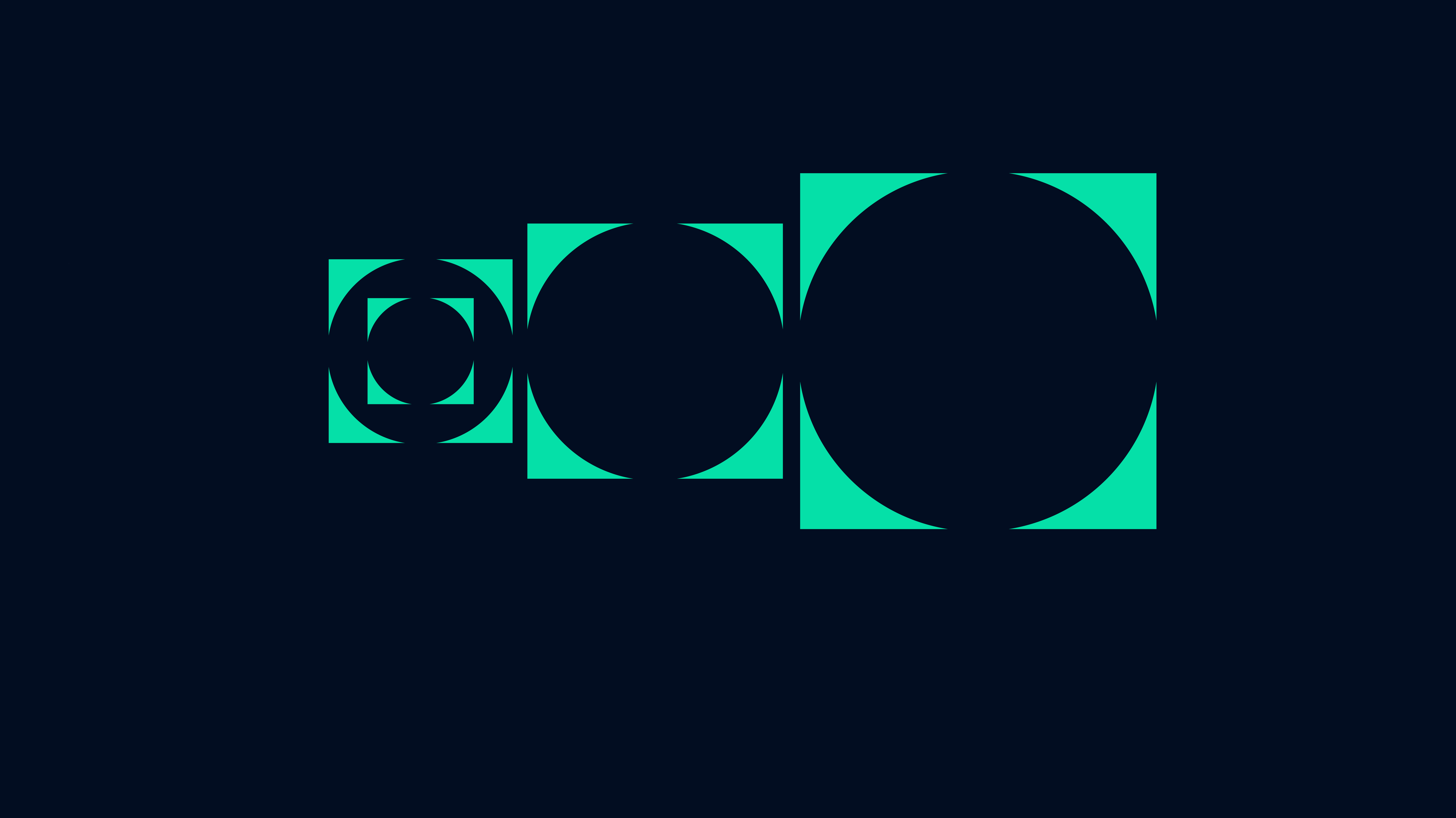 Abstract geometric design with three progressively larger square-shaped icons, each containing a dark circle surrounded by teal triangles in the corners against a dark blue background.