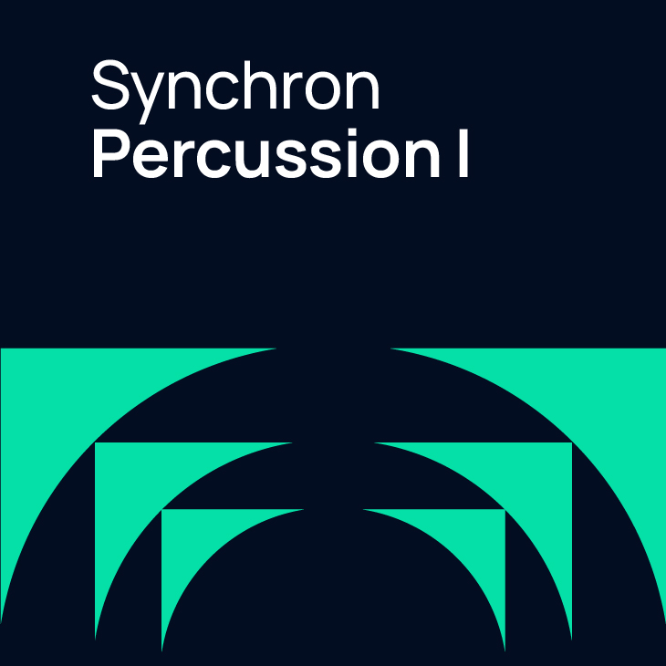 Synchron Percussion I VST, dark blue background with abstract teal green arcs and triangular shapes.