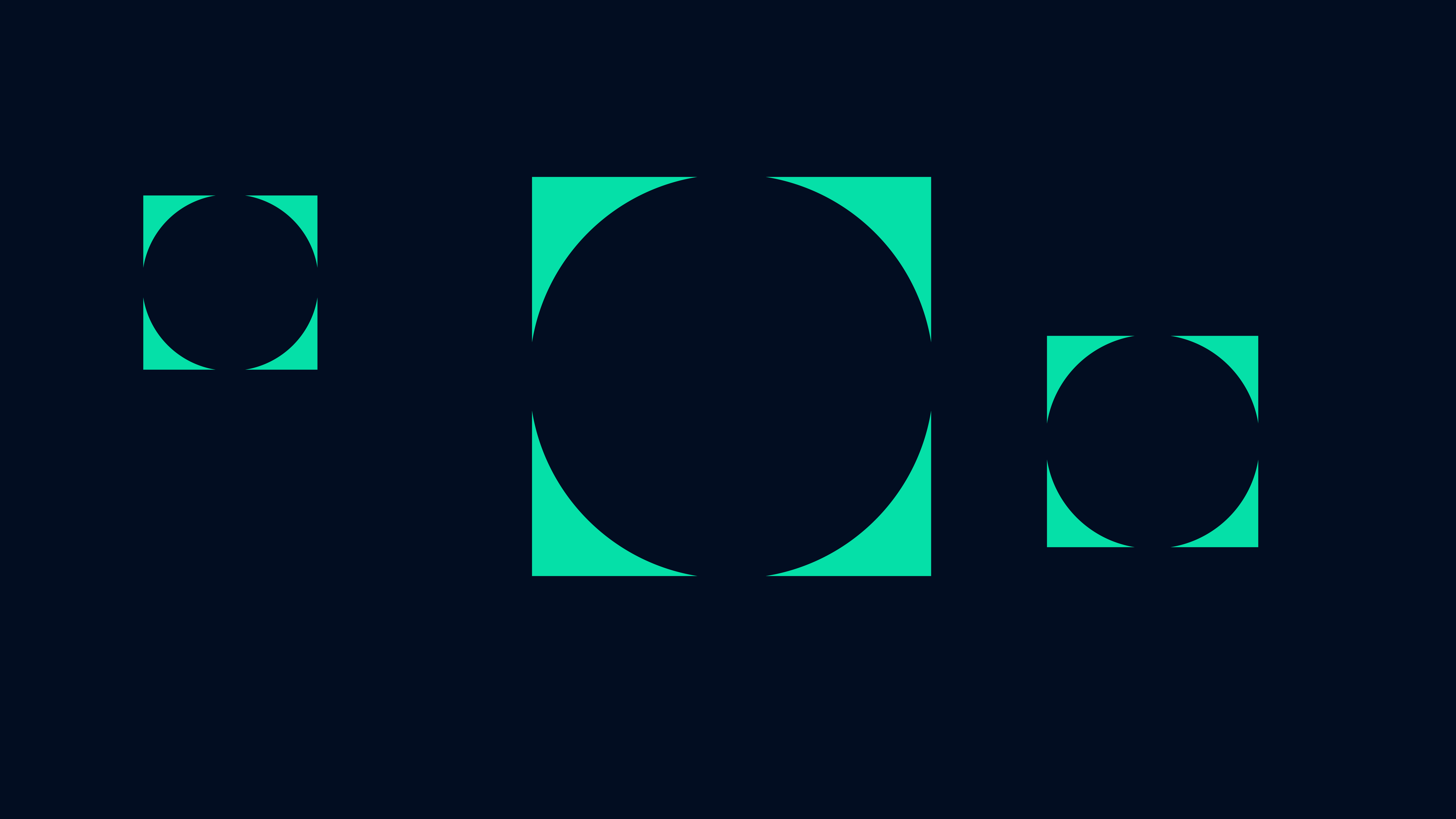 Abstract dark background with three geometric shapes: two smaller teal squares with black circles partially revealing their corners, and one larger teal square with a black circle partially revealing its corners, creating a visual related to sound recording or ambient audio.