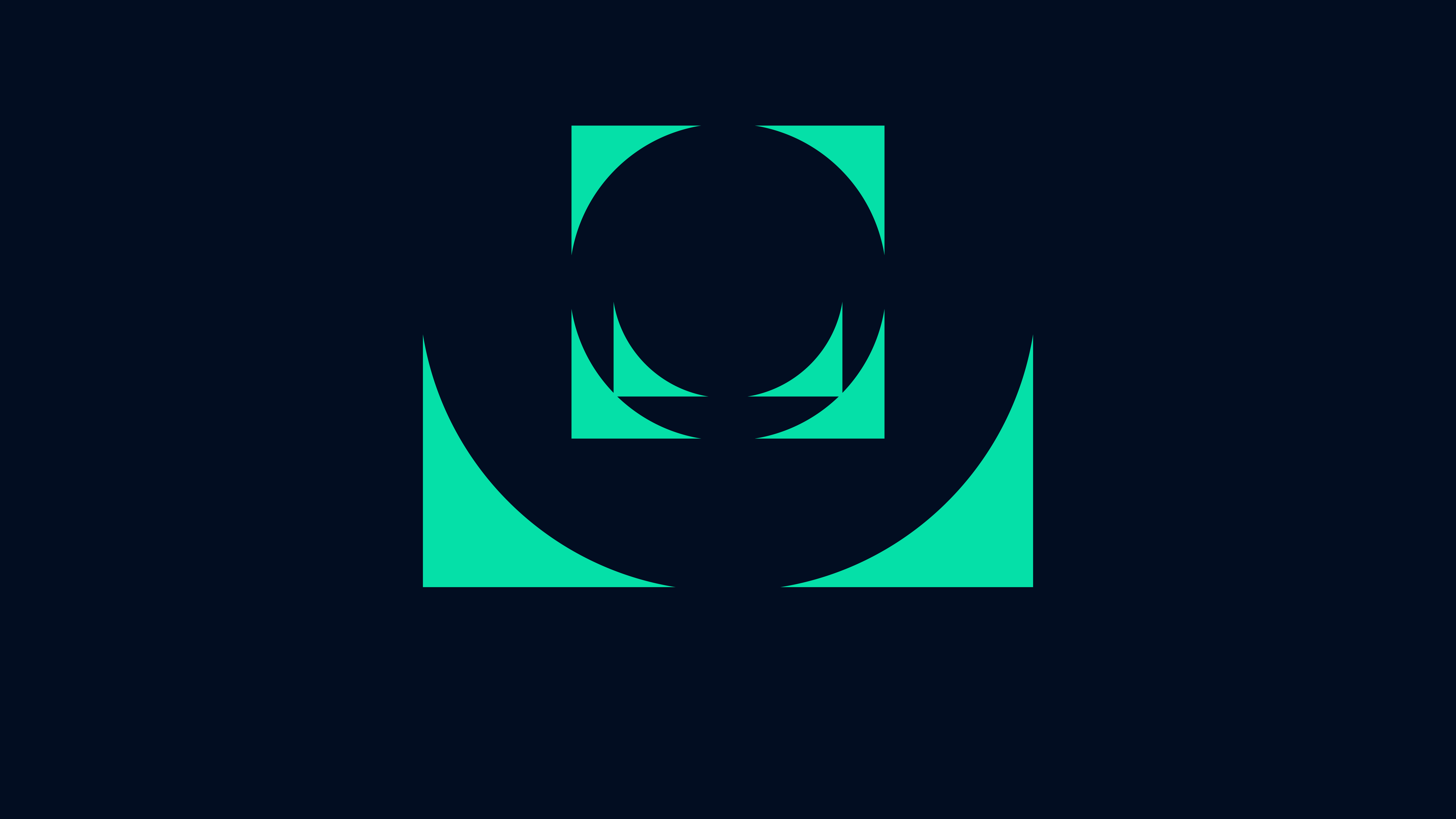 Abstract teal geometric shapes with a central circle and surrounding triangles, resembling a stylized bell or recording equipment icon, on a dark blue background.