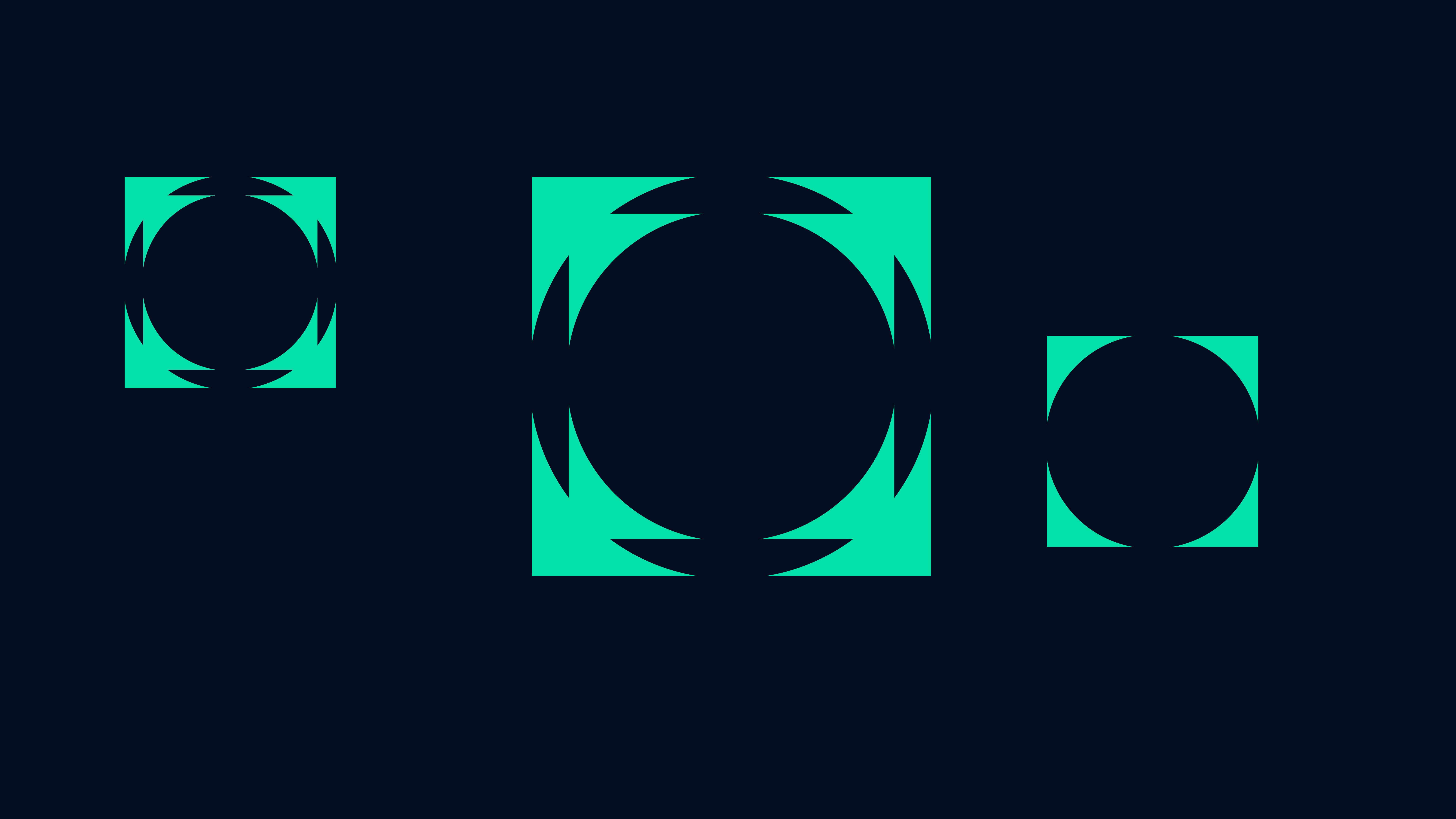 Three dark blue squares with a bright green border that resembles a rounded frame, on a dark blue background.