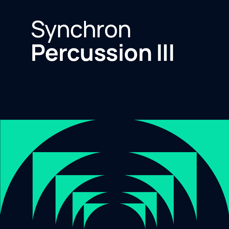 Synchron Percussion III album cover art, featuring white text Synchron Percussion III on a dark blue background, with teal green abstract geometric shapes resembling sound waves or echoes at the bottom.