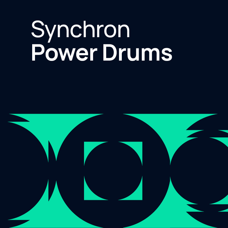 Album cover for Synchron Power Drums. Dark blue background with white text 'Synchron Power Drums' at the top, and a green abstract pattern of circles and triangles at the bottom.