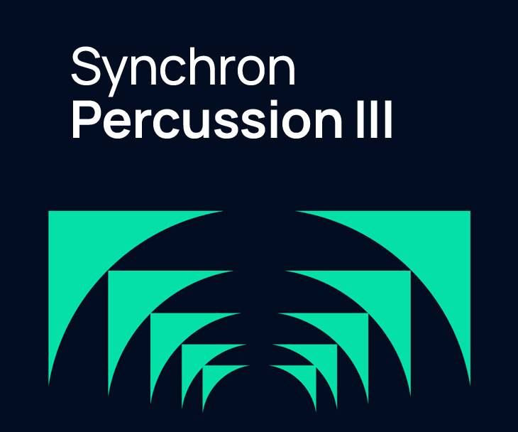 Synchron Percussion III Standard Library logo with white text on a dark blue background and a teal green abstract waveform graphic at the bottom.